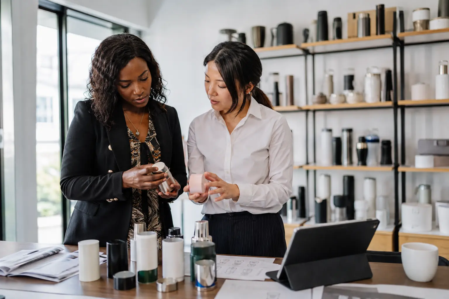 Business owner comparing physical product samples with a sourcing representative