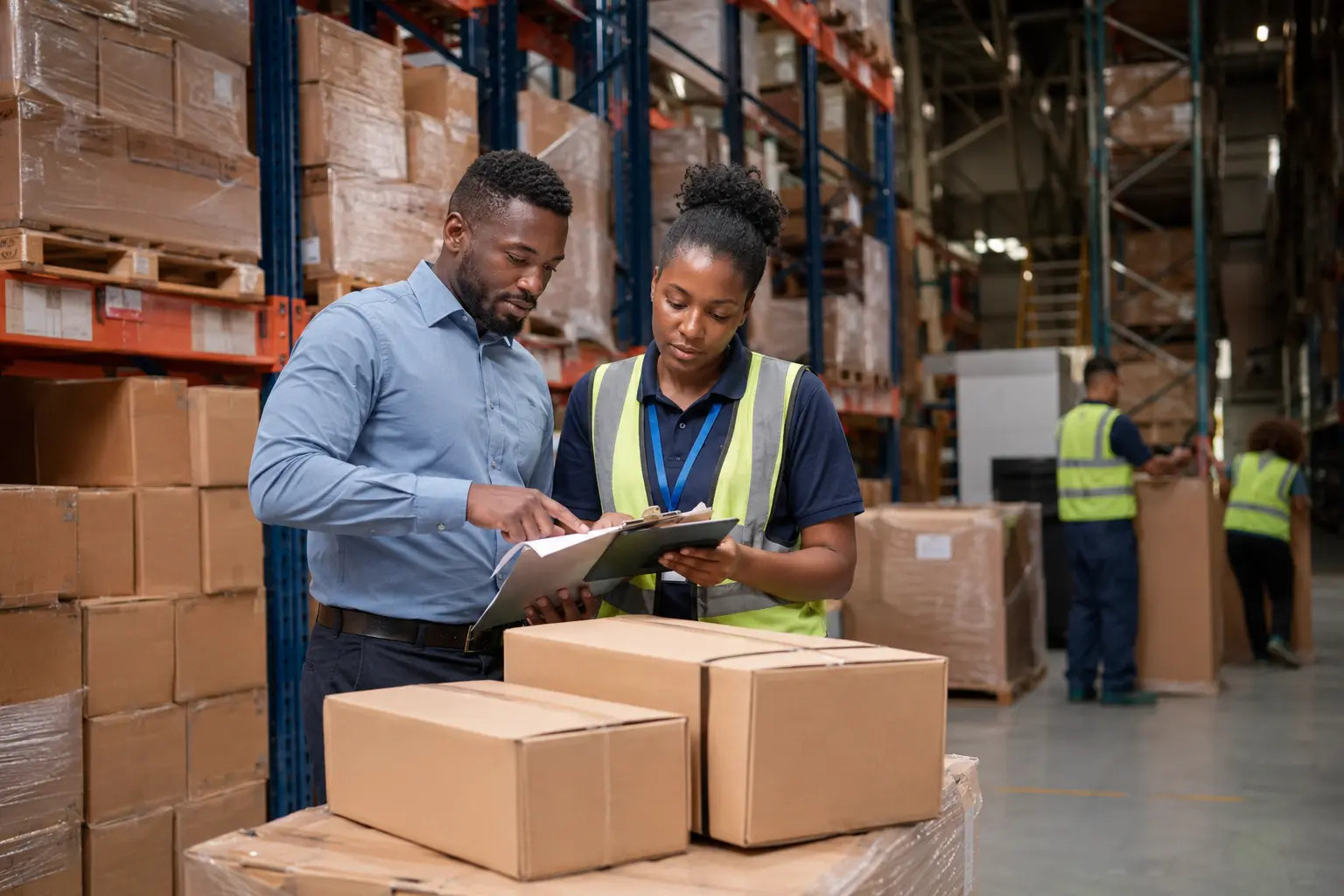African business owner and logistics coordinator reviewing goods in a warehouse