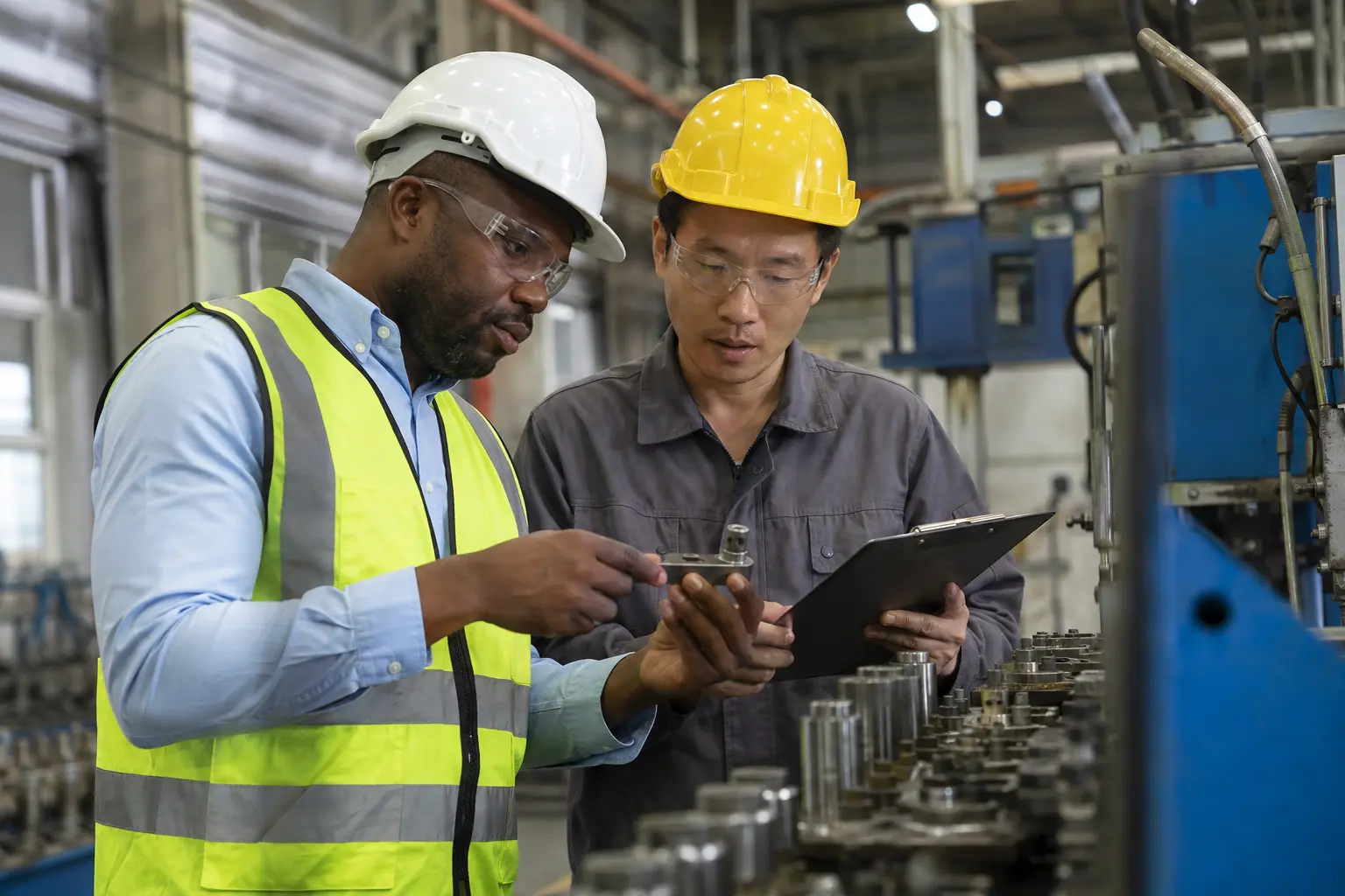 Business professional and factory engineer inspecting a product component