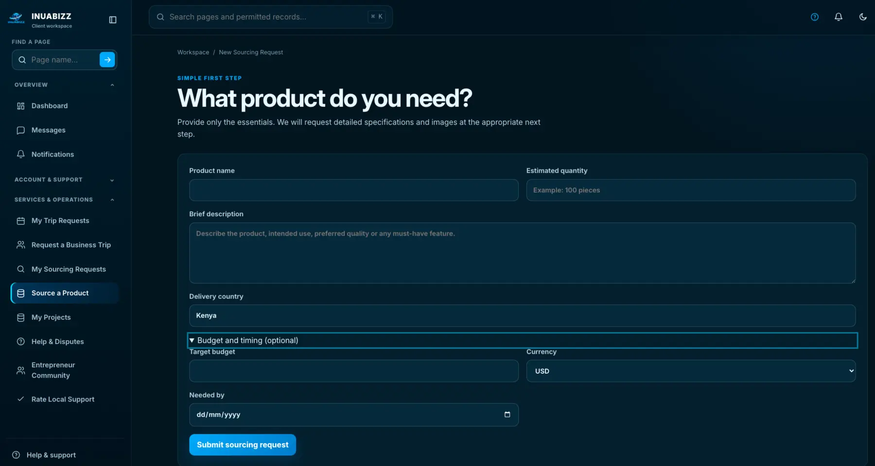 Actual INUABIZZ Client dashboard showing the Source a Product request form