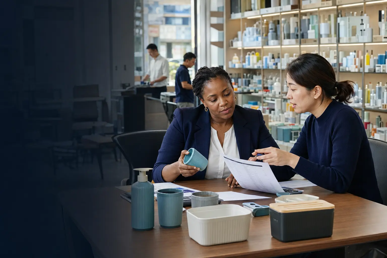 Kenyan entrepreneur reviewing product samples and a quotation with a sourcing professional