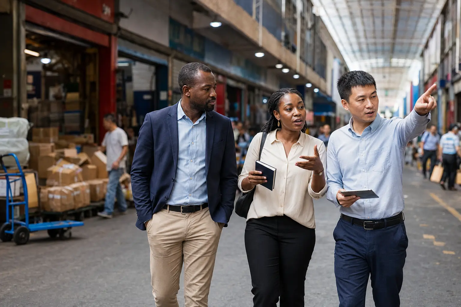 Interpreter supporting an African business visitor in a Guangzhou wholesale market