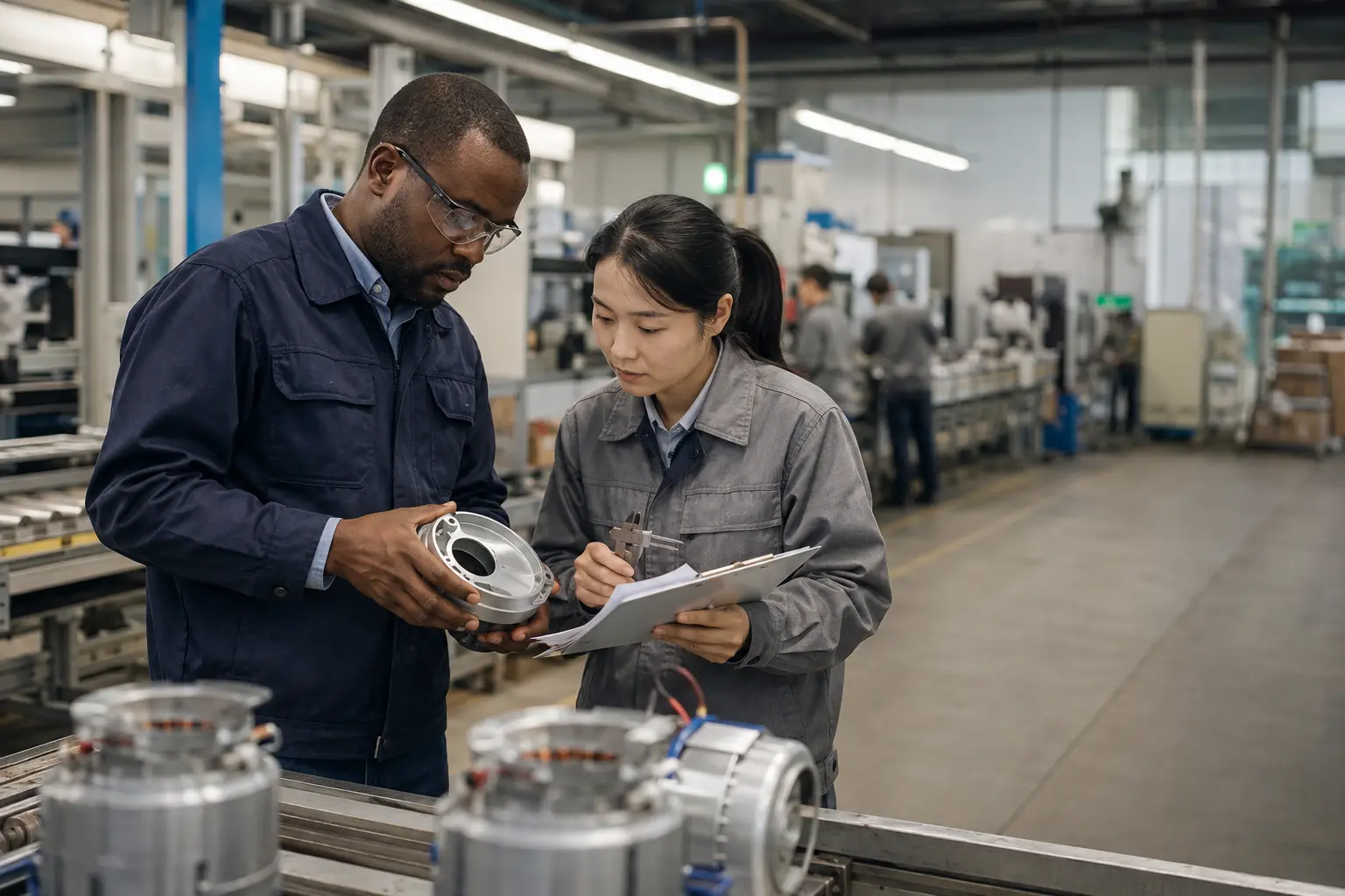 Sourcing professional and factory engineer inspecting a manufactured component