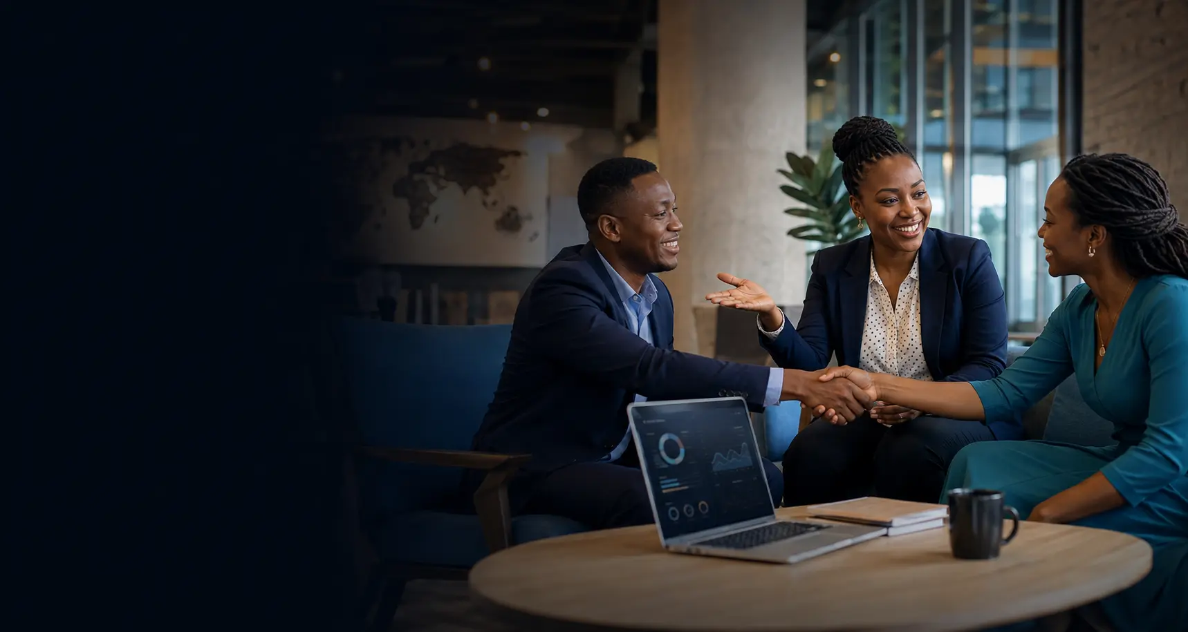 African business connector introducing entrepreneurs at a professional meeting