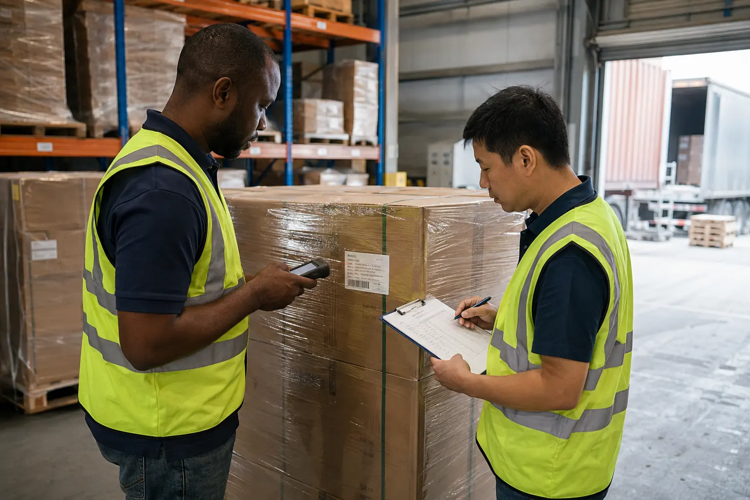 African logistics coordinator scanning export cartons beside a warehouse supervisor