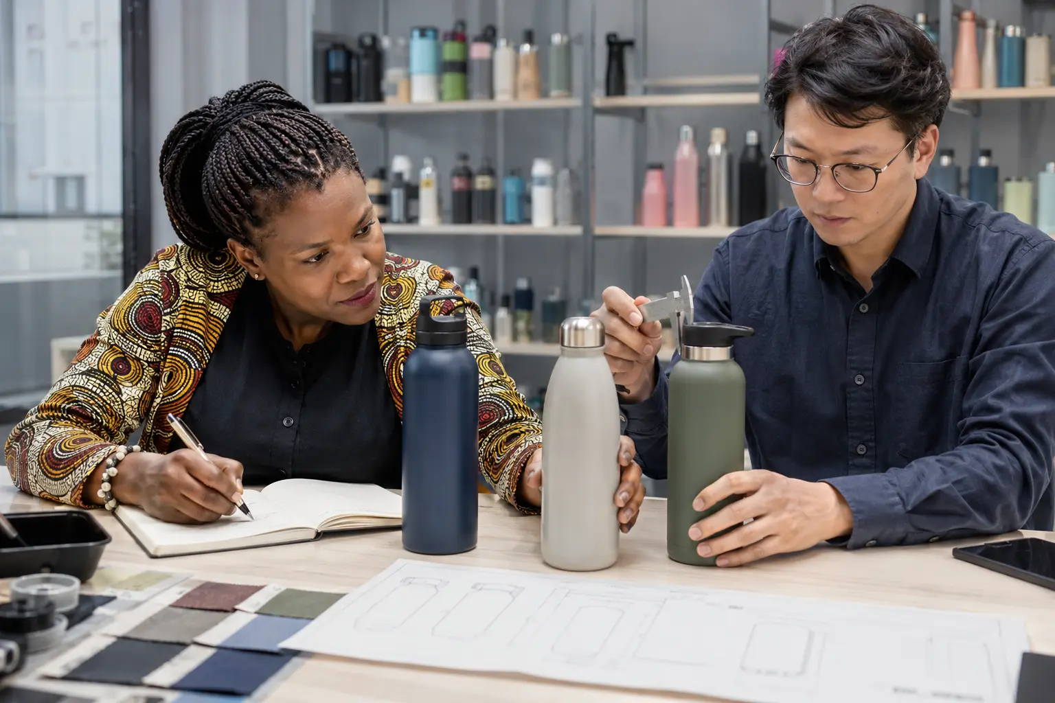 Kenyan entrepreneur comparing insulated bottle samples with a product engineer