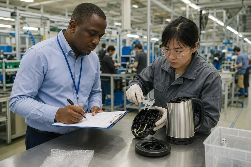 Quality engineer and African sourcing professional inspecting an electric kettle sample